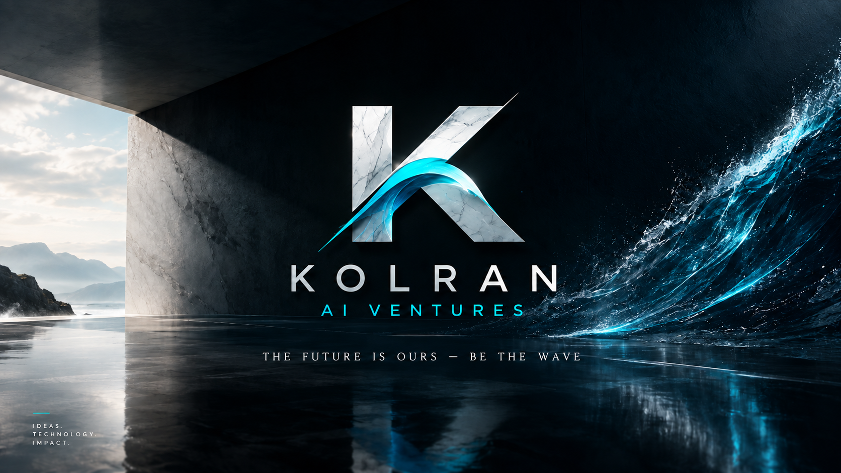 Kolran AI Ventures marble K-Wave emblem inside a monumental concrete tunnel beside a cyan ocean wave