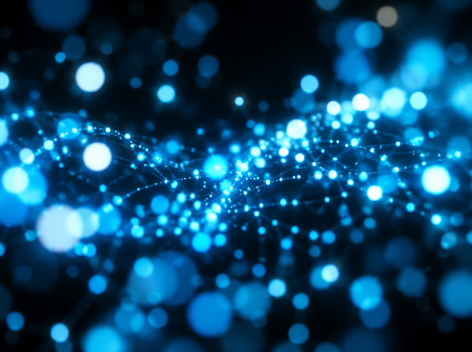Glowing blue and white bokeh lights suggesting neural pathways